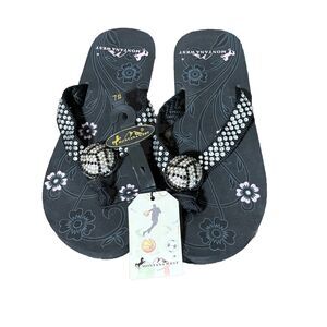 Montana West Bejeweled Volleyball Flip Flop  Black Sandals Bling Rhinestone SZ 7